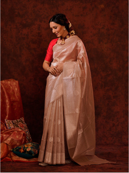 Rose Pink Pure Kora Silk Handloom Banarasi Saree