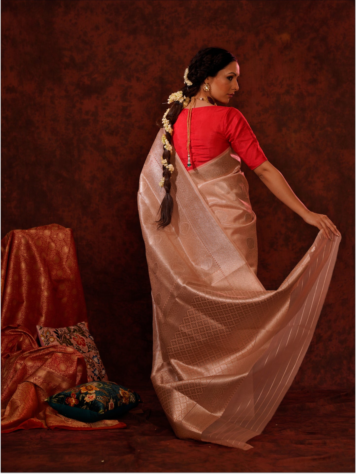 Rose Pink Pure Kora Silk Handloom Banarasi Saree