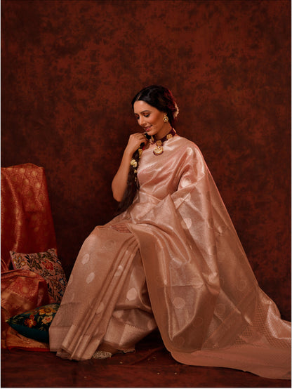 Rose Pink Pure Kora Silk Handloom Banarasi Saree