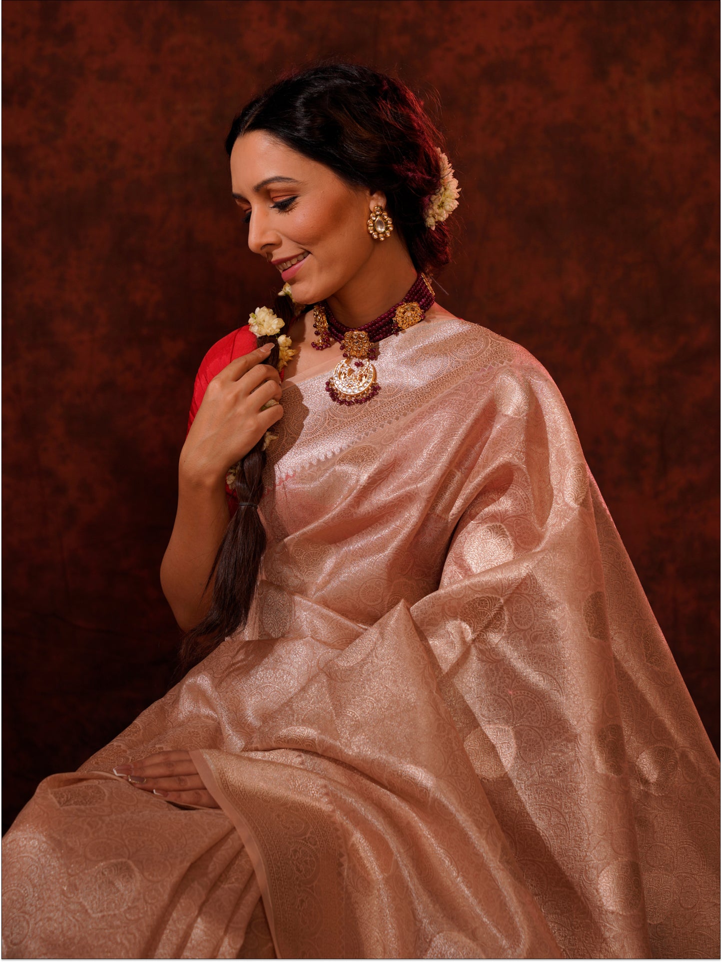 Rose Pink Pure Kora Silk Handloom Banarasi Saree