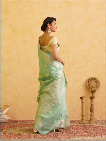 Moss green Pure Silk Handloom Banarasi Saree