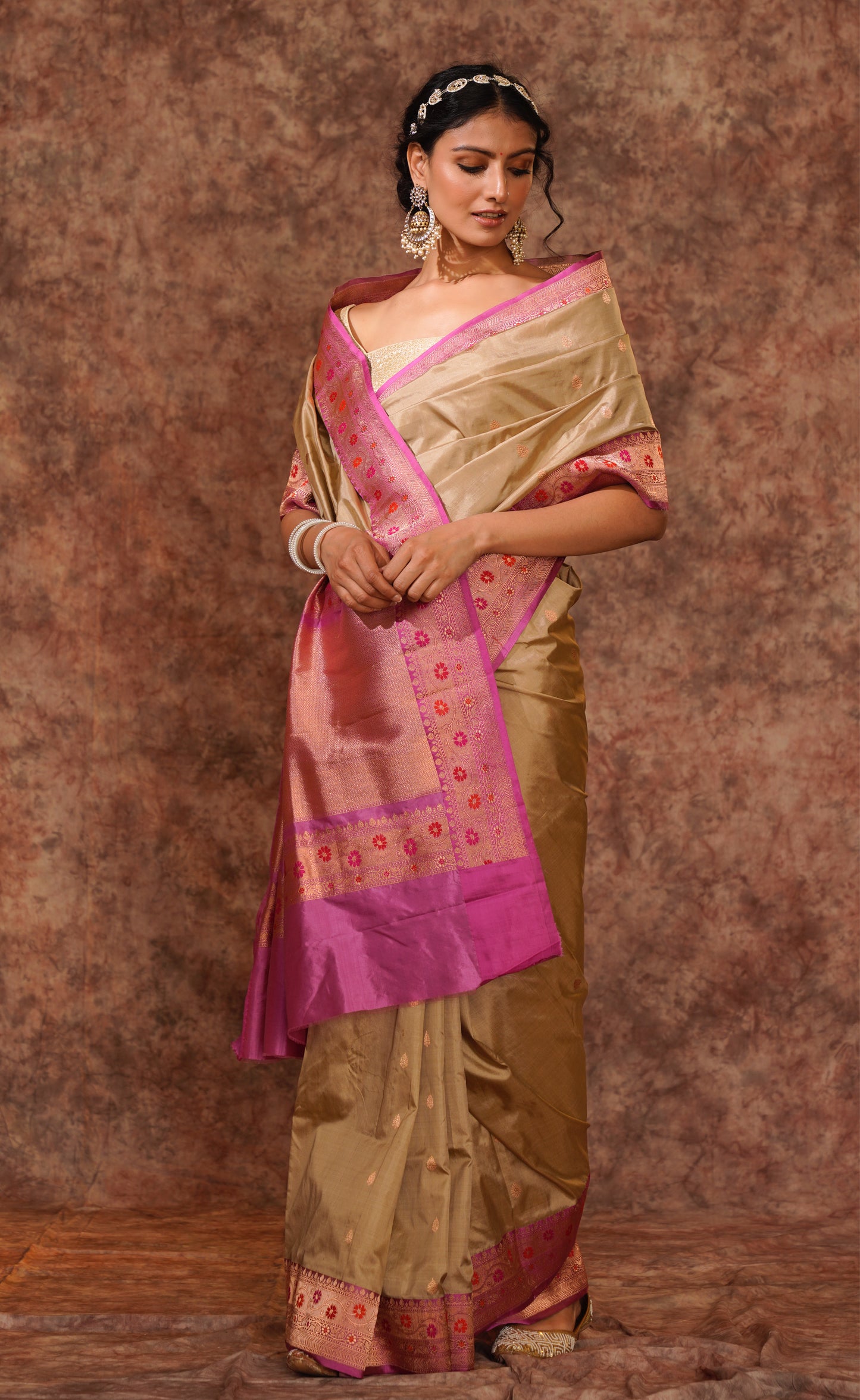 Lilac and golden Pure Katan Silk Handloom Meenakari Banarasi Saree.