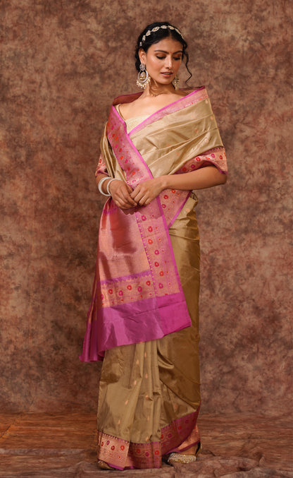 Lilac and golden Pure Katan Silk Handloom Meenakari Banarasi Saree.