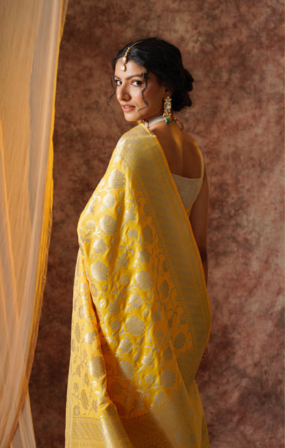 Yellow Pure Katan Silk Handloom Banarasi Saree.