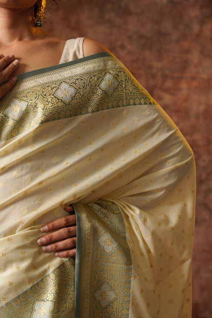 White and grey Pure Katan Silk Handloom Meenakari Banarasi Saree.