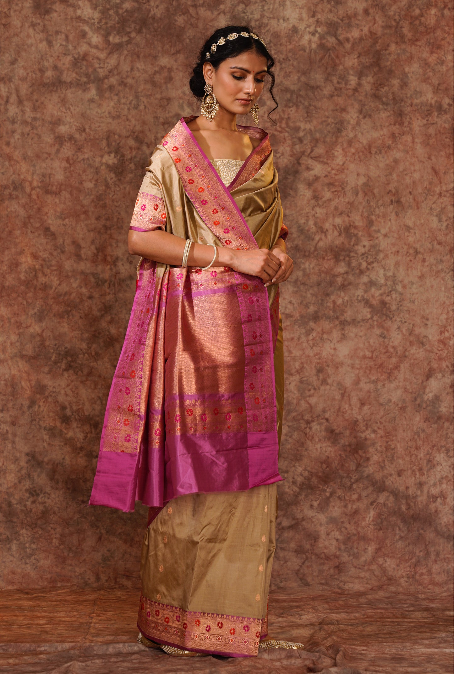 Lilac and golden Pure Katan Silk Handloom Meenakari Banarasi Saree.