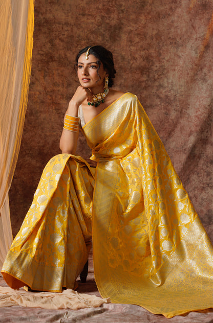 Yellow Pure Katan Silk Handloom Banarasi Saree.