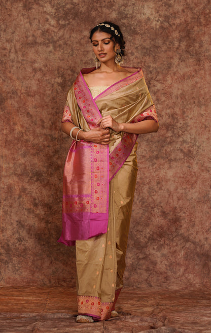 Lilac and golden Pure Katan Silk Handloom Meenakari Banarasi Saree.