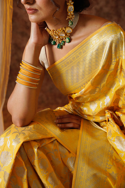 Yellow Pure Katan Silk Handloom Banarasi Saree.