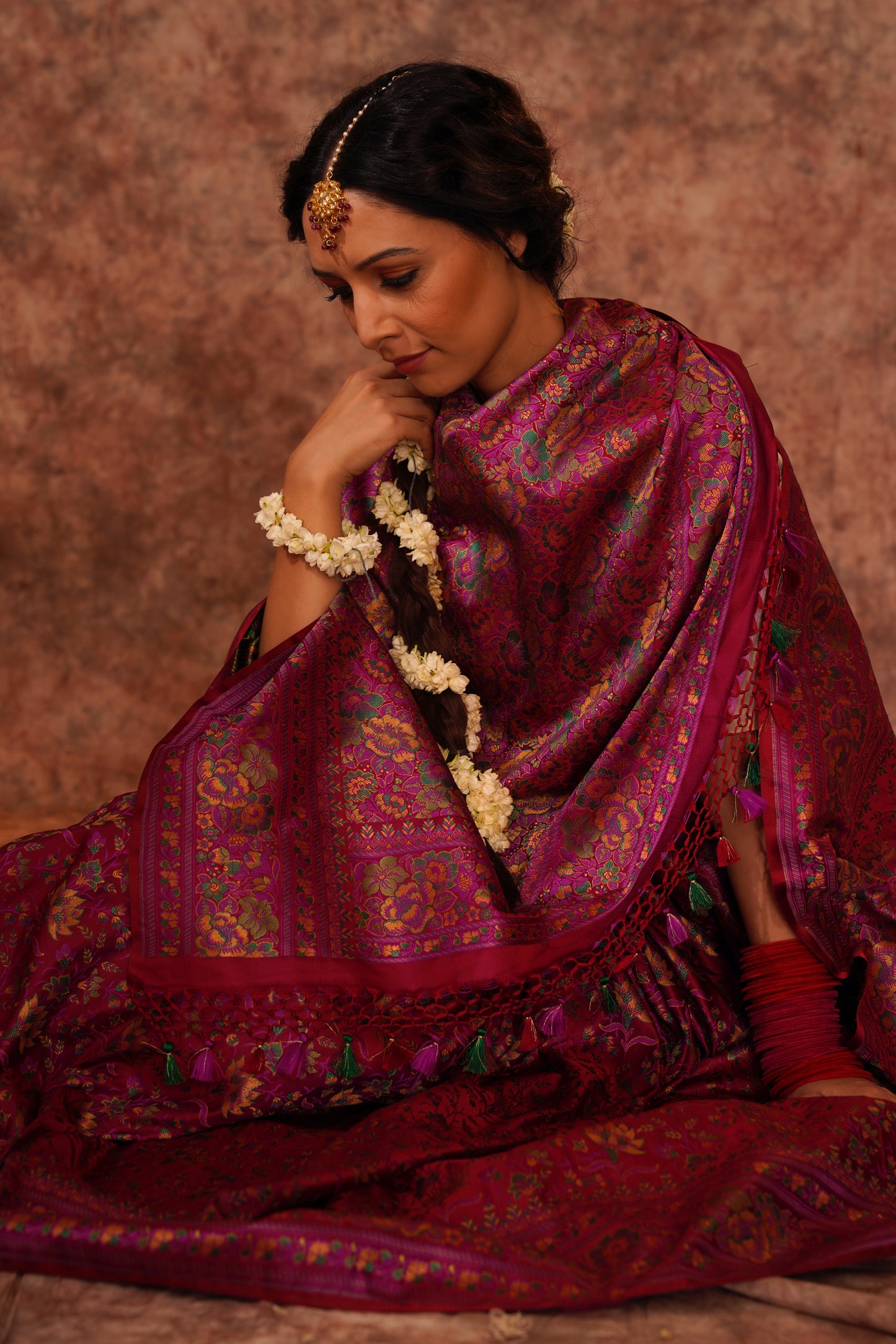 Floral Purple Silk Satan Handloom Banarasi Saree.