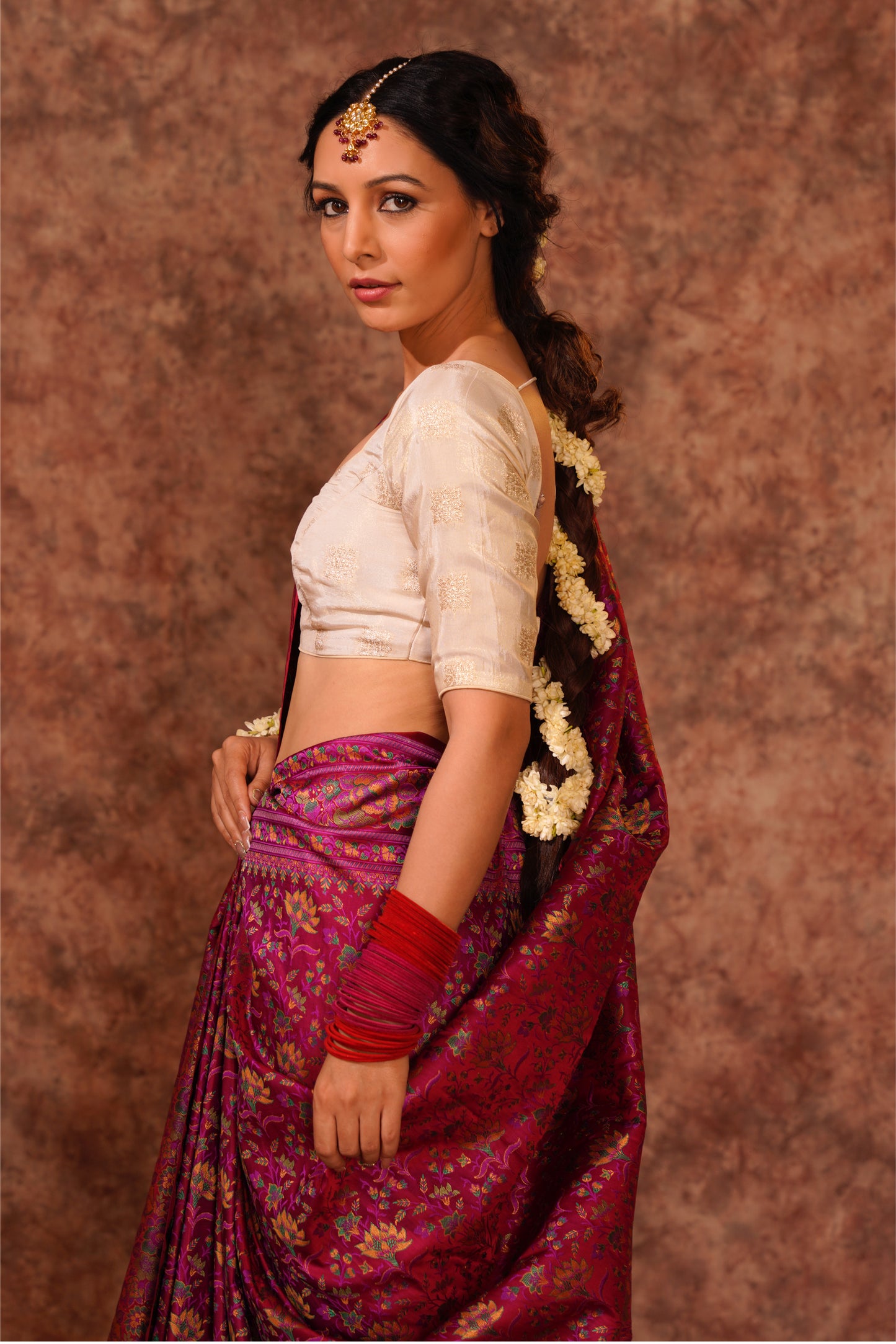 Floral Purple Silk Satan Handloom Banarasi Saree.