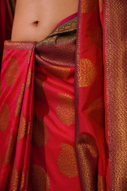 Red Pure Katan Silk Handloom Banarasi Saree.