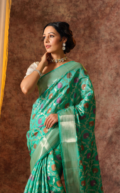 Green Pure Silk Handloom Meenakari Banarasi Saree