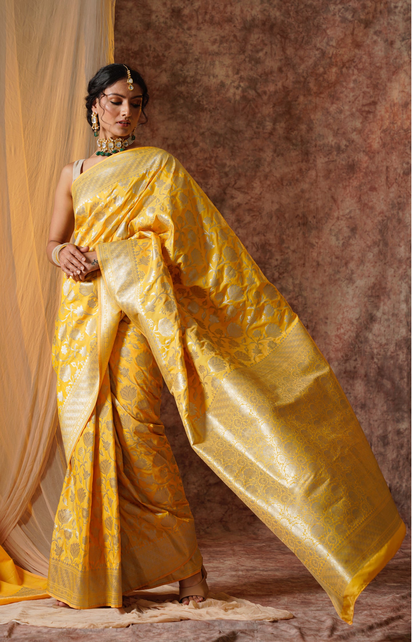 Yellow Pure Katan Silk Handloom Banarasi Saree.