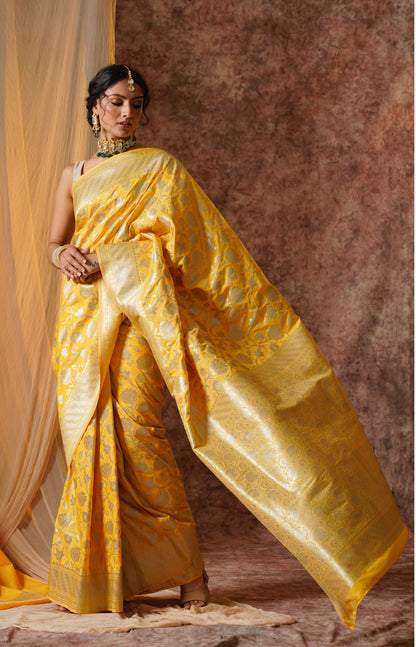 Yellow Pure Katan Silk Handloom Banarasi Saree.