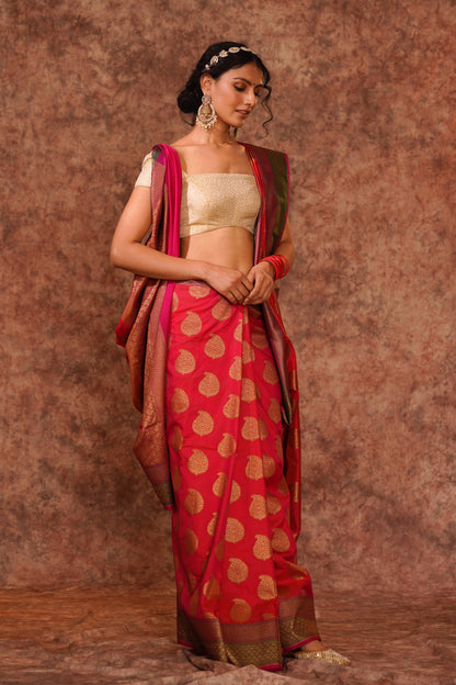 Red Pure Katan Silk Handloom Banarasi Saree.