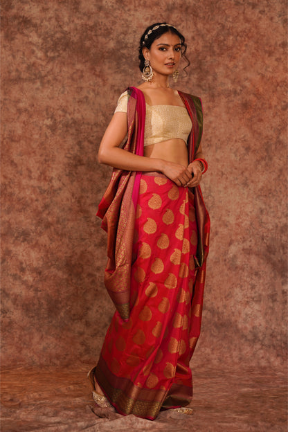 Red Pure Katan Silk Handloom Banarasi Saree.