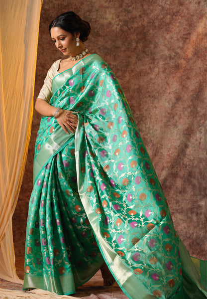 Green Pure Silk Handloom Meenakari Banarasi Saree