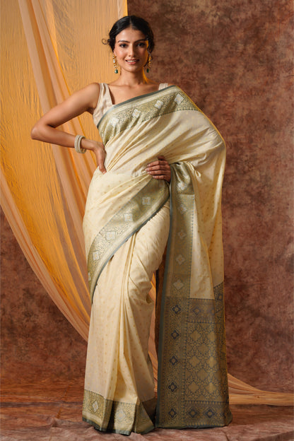 White and grey Pure Katan Silk Handloom Meenakari Banarasi Saree.