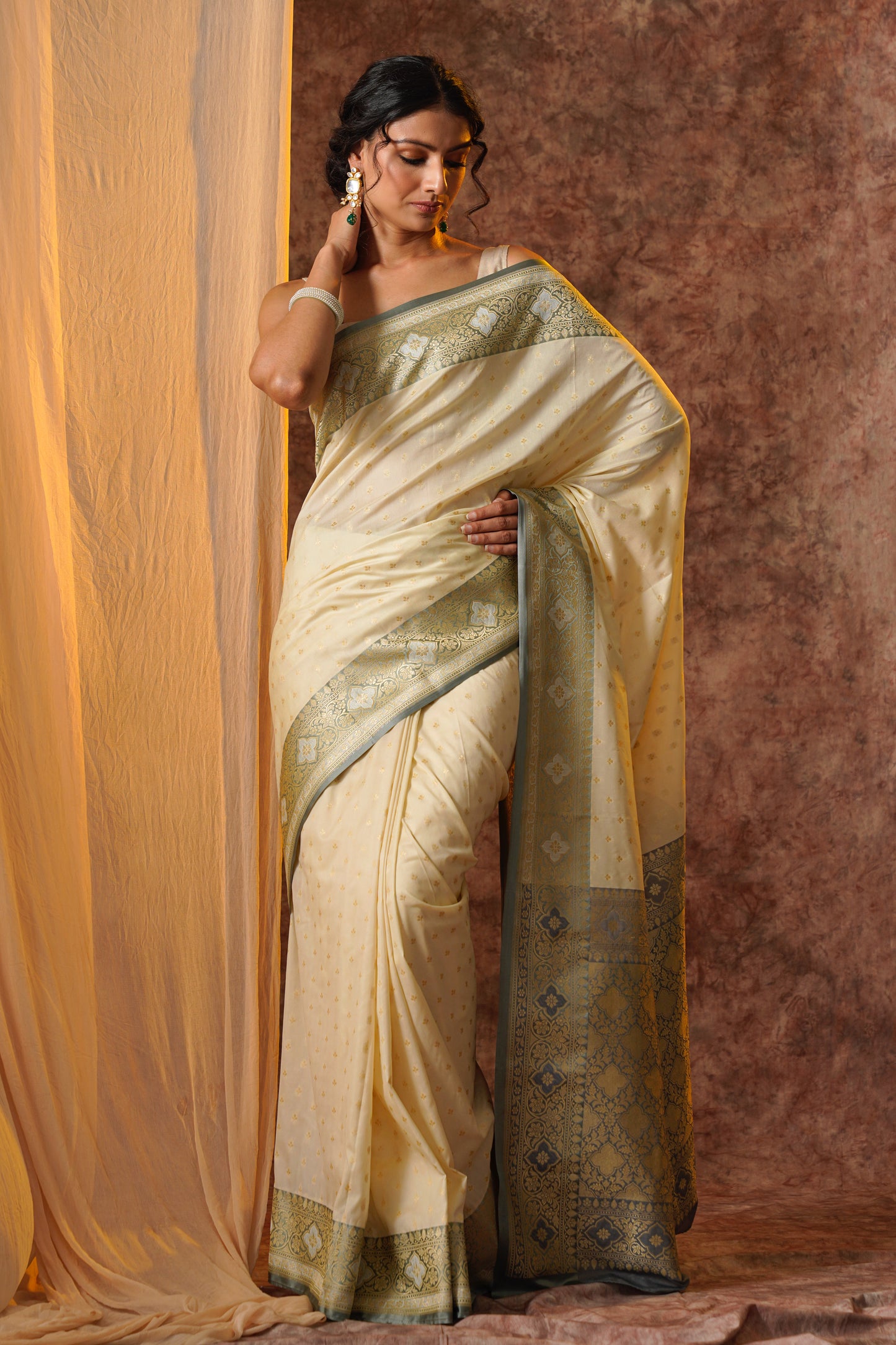 White and grey Pure Katan Silk Handloom Meenakari Banarasi Saree.