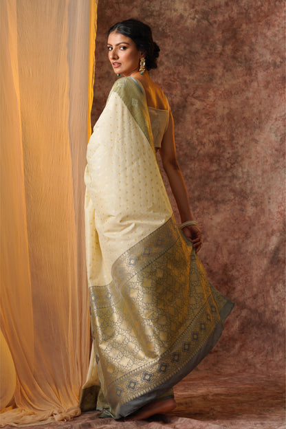 White and grey Pure Katan Silk Handloom Meenakari Banarasi Saree.