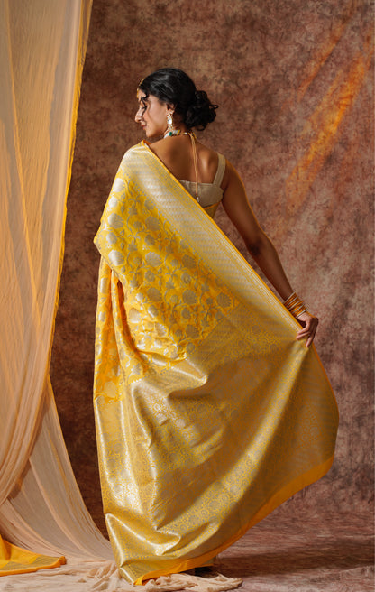 Yellow Pure Katan Silk Handloom Banarasi Saree.