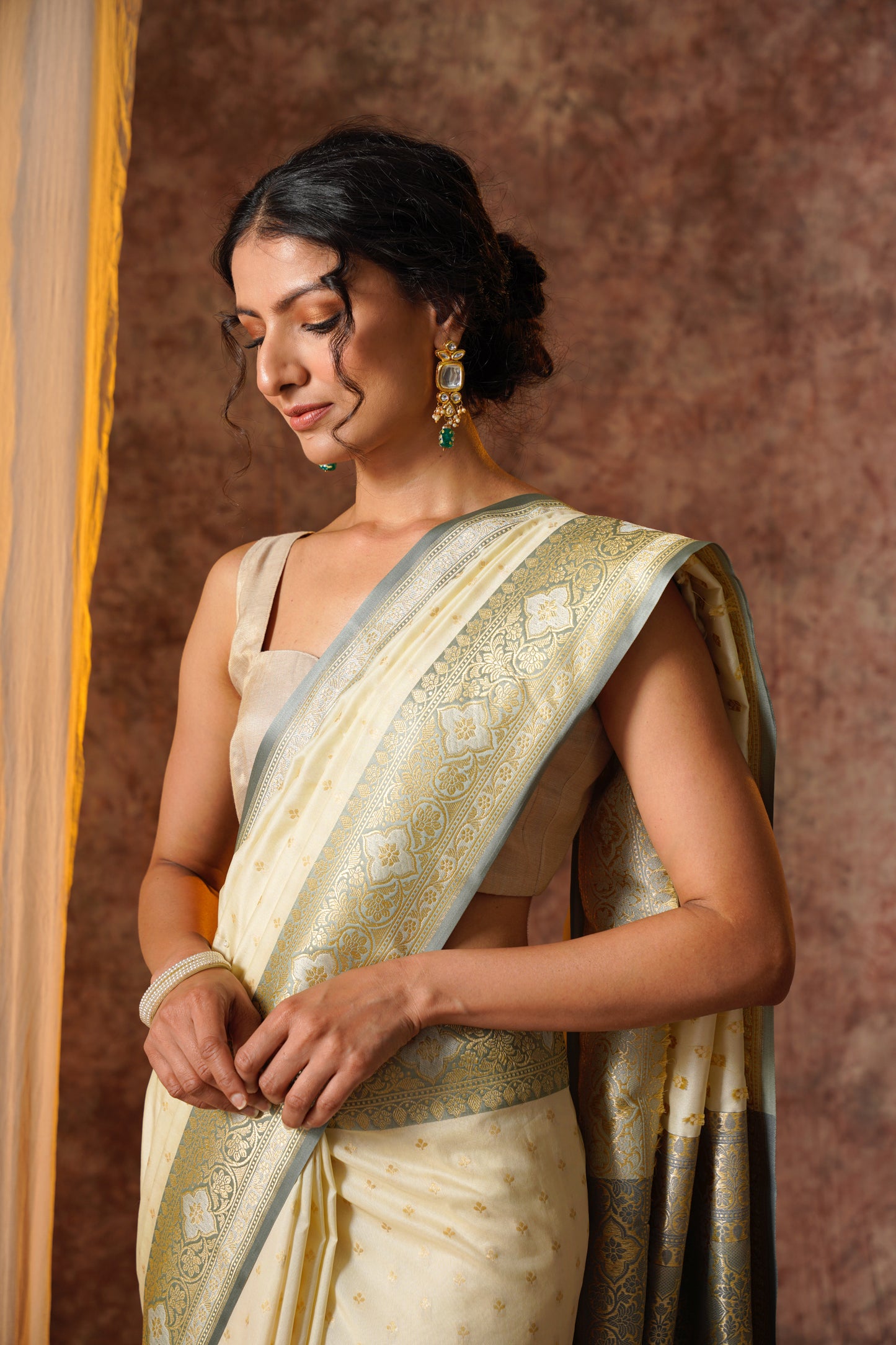 White and grey Pure Katan Silk Handloom Meenakari Banarasi Saree.