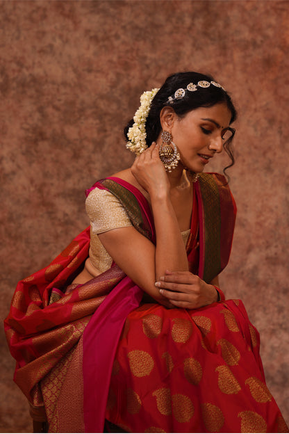 Red Pure Katan Silk Handloom Banarasi Saree.