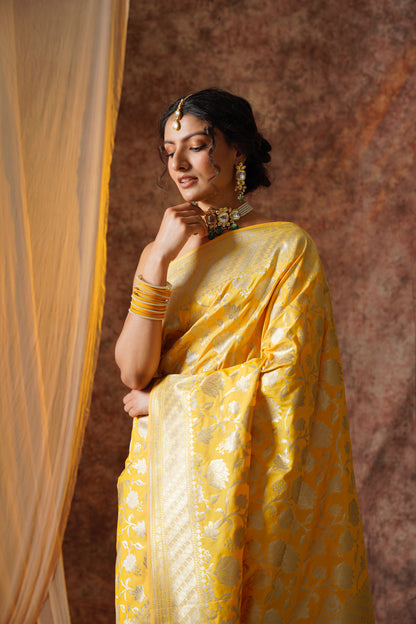 Yellow Pure Katan Silk Handloom Banarasi Saree.