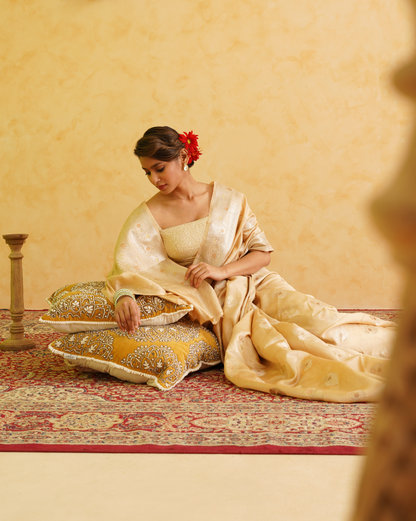 Cream Pure Silk Handloom Meenakari Banarasi Saree