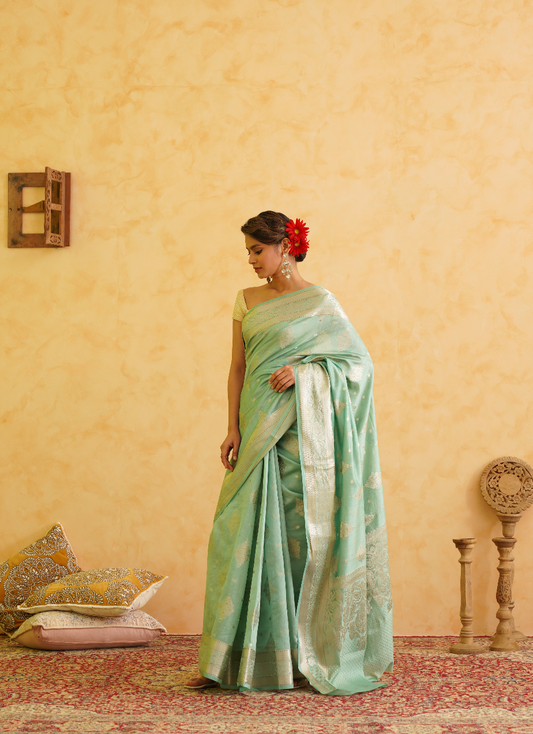 Moss green Pure Silk Handloom Banarasi Saree